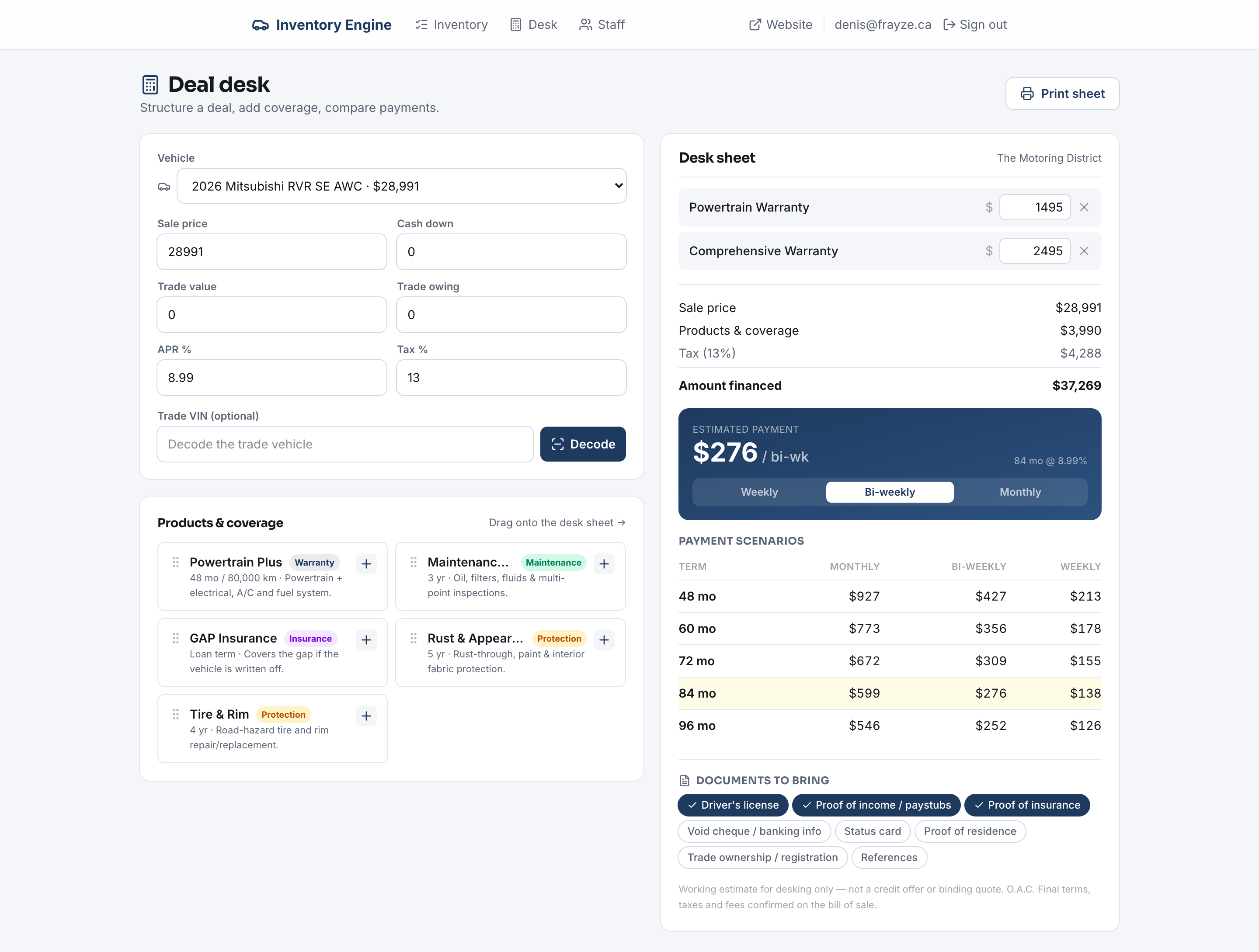 The Motoring District deal desk — vehicle, warranties, payment scenarios