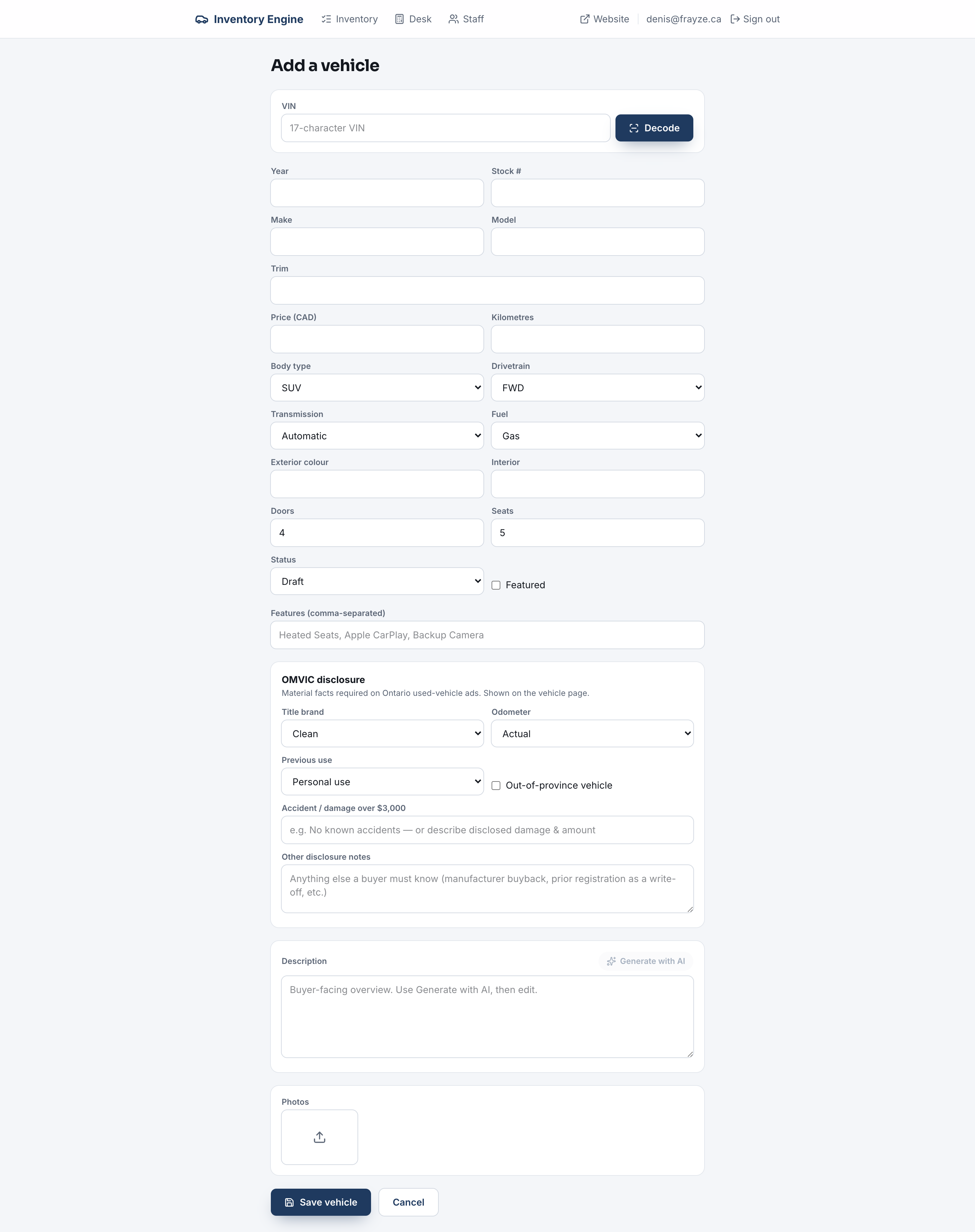 VIN intake form with automatic decode and OMVIC disclosures