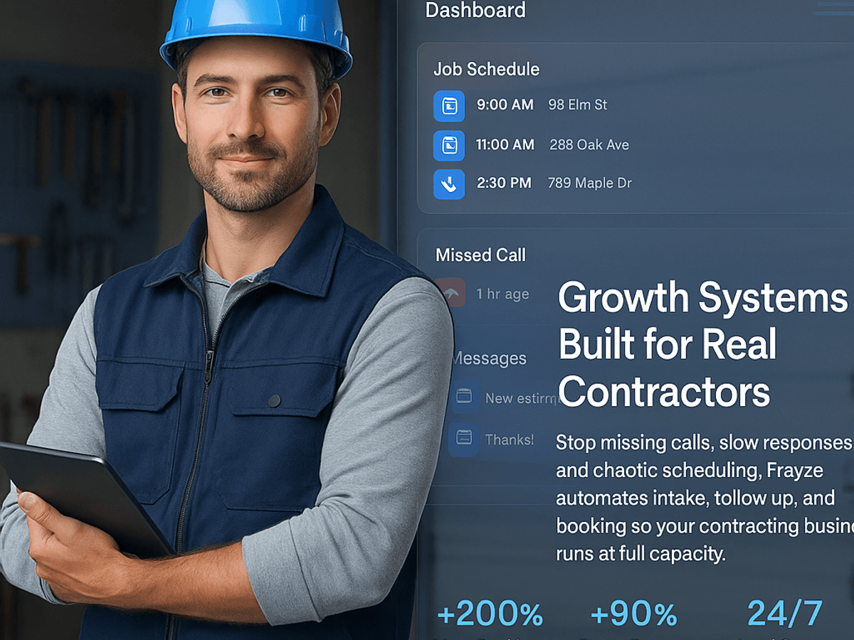 Man in a blue hard hat and navy vest holding a tablet, standing in front of a digital dashboard displaying job schedules and missed calls, emphasizing Frayze Technologies' growth systems for HVAC contractors.