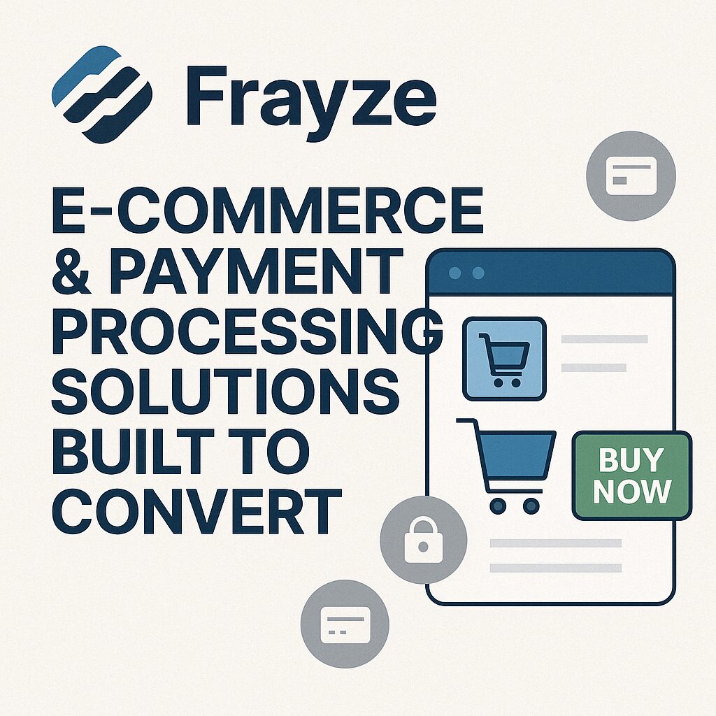 Frayze promotional image showing a stylized online store with shopping cart, buy now button, and payment icons for e-commerce and payment automation