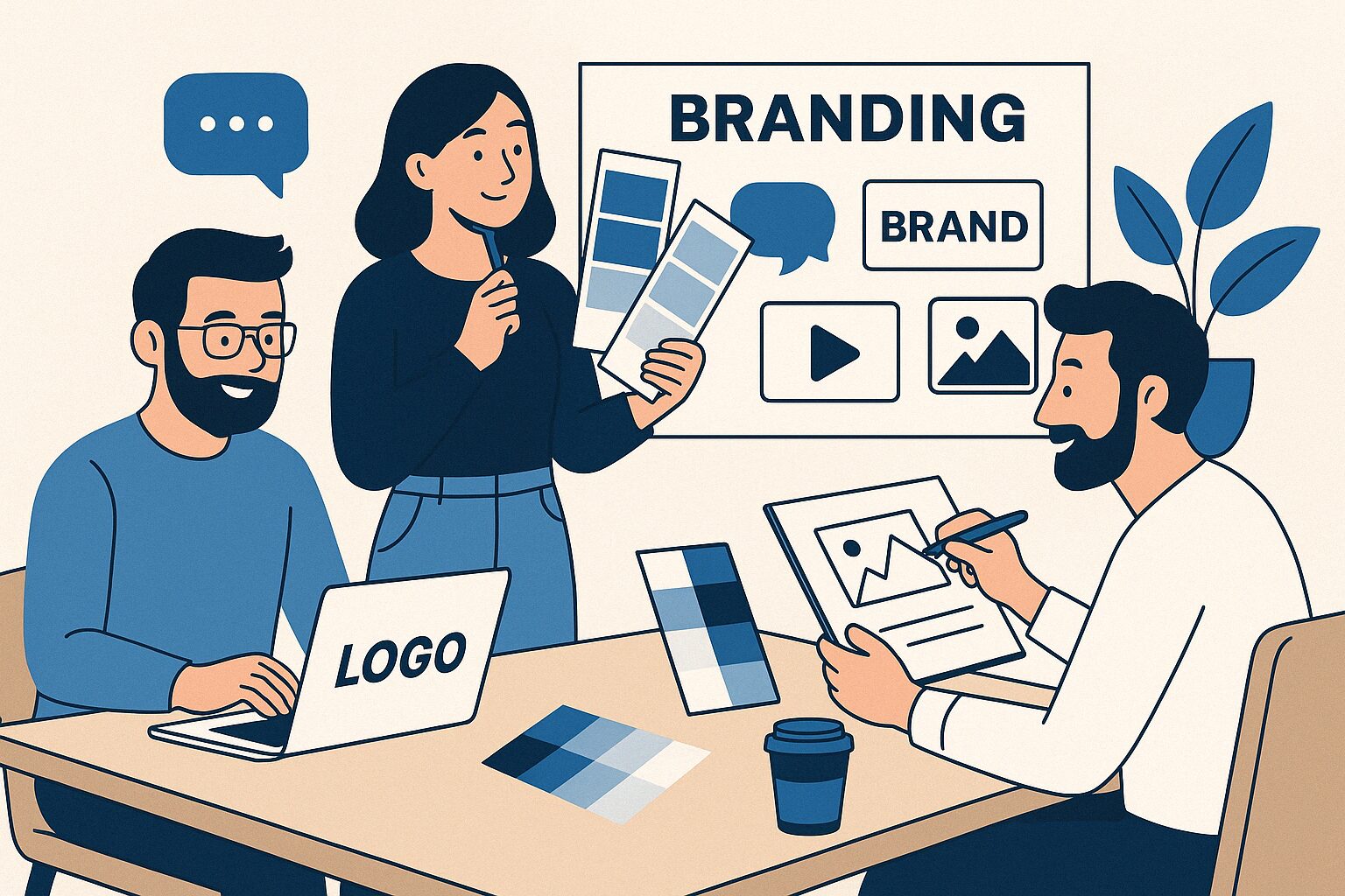 Illustration of a creative team designing branding elements including logos, color palettes, and messaging on a board