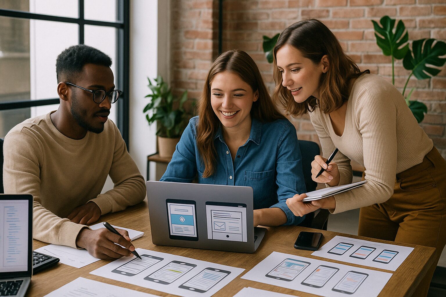 Three professionals collaborating on web and app design using laptops and UI mockups in a modern office