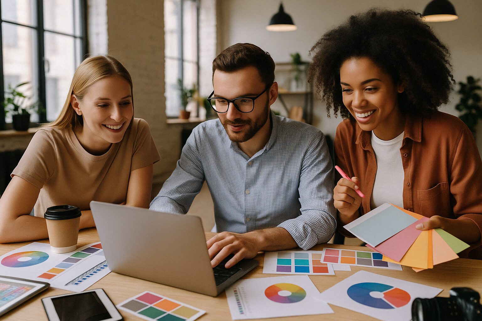 Three young professionals collaborating at a table with color swatches, a laptop, and design materials in a creative office environment