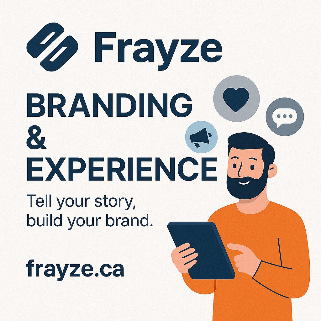 Frayze Branding and Experience promotional visual with illustration of a man holding a tablet and icons for communication and design