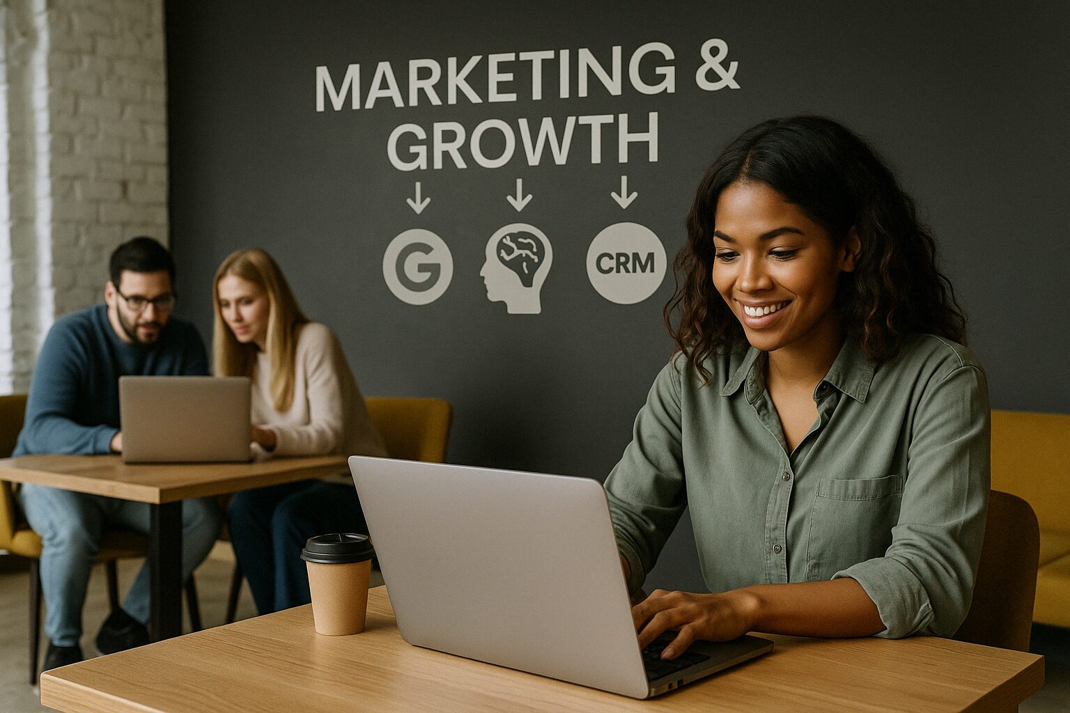 Marketing & Growth Systems 1 Photo of a young professional woman smiling while working on a laptop in a modern office with a marketing and growth strategy diagram on the wall behind her
