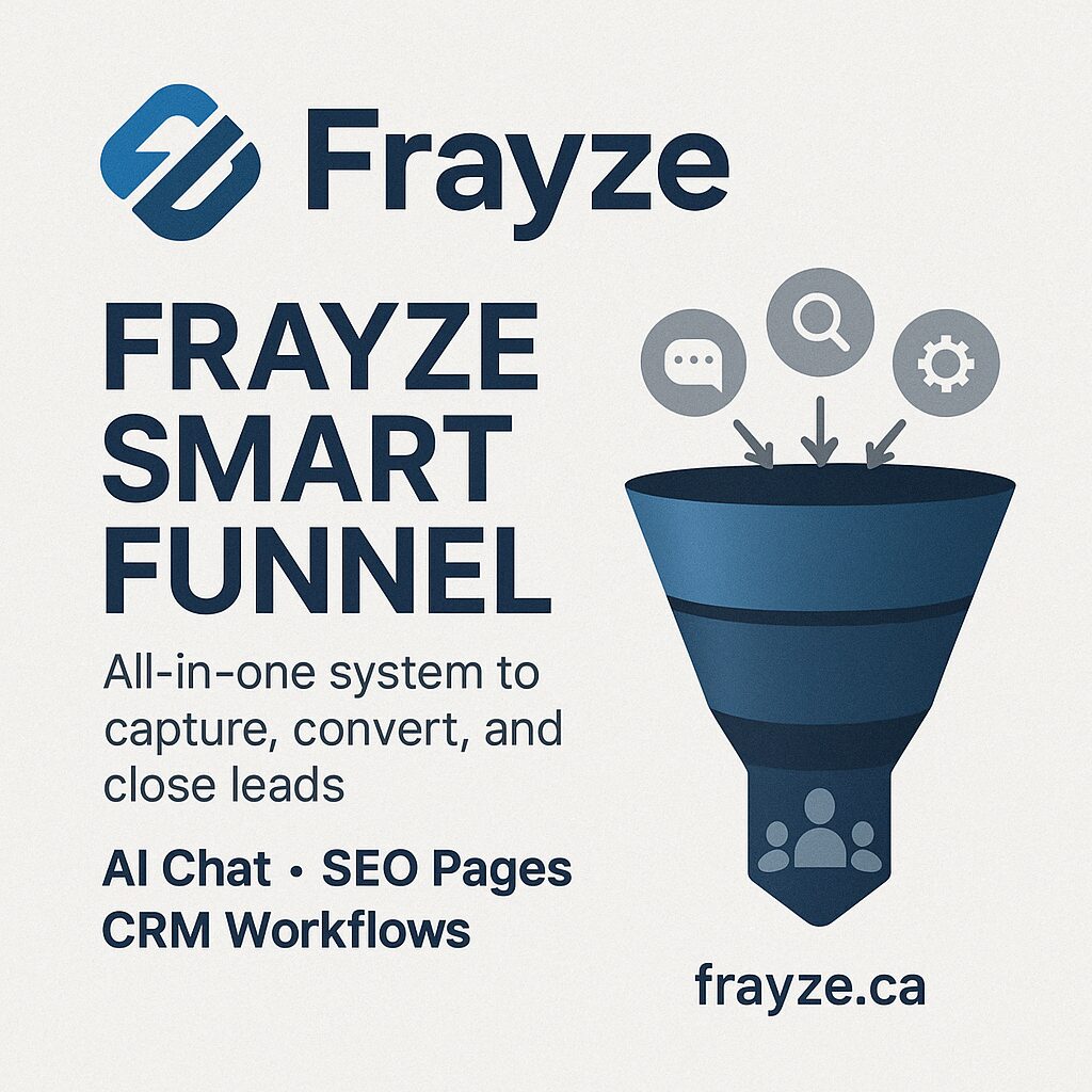 Frayze Smart Funnel visual showing a lead funnel system with icons for AI chat, SEO, and CRM automation