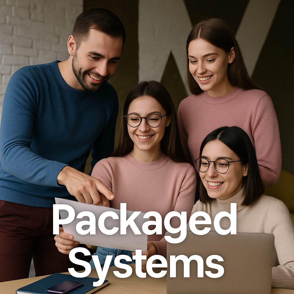 Four professionals reviewing a packaged CRM and automation system together in a modern workspace with the Frayze logo and title overlay