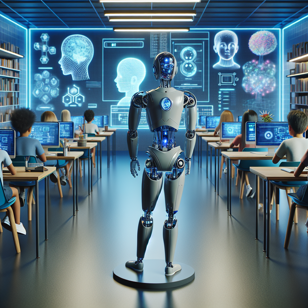 A futuristic classroom with AI powered interactive learning tools