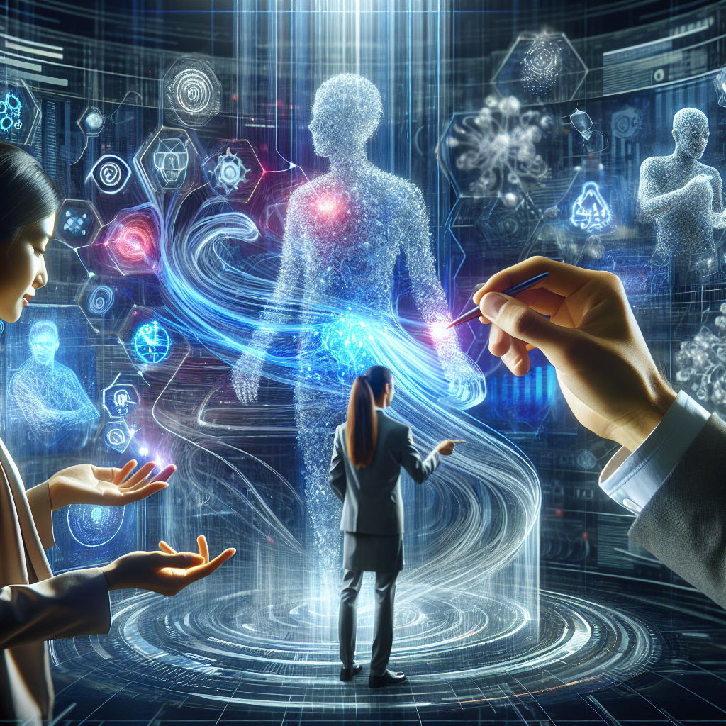 A futuristic concept image of AI intertwining with marketing featuring digital data streams and human interaction