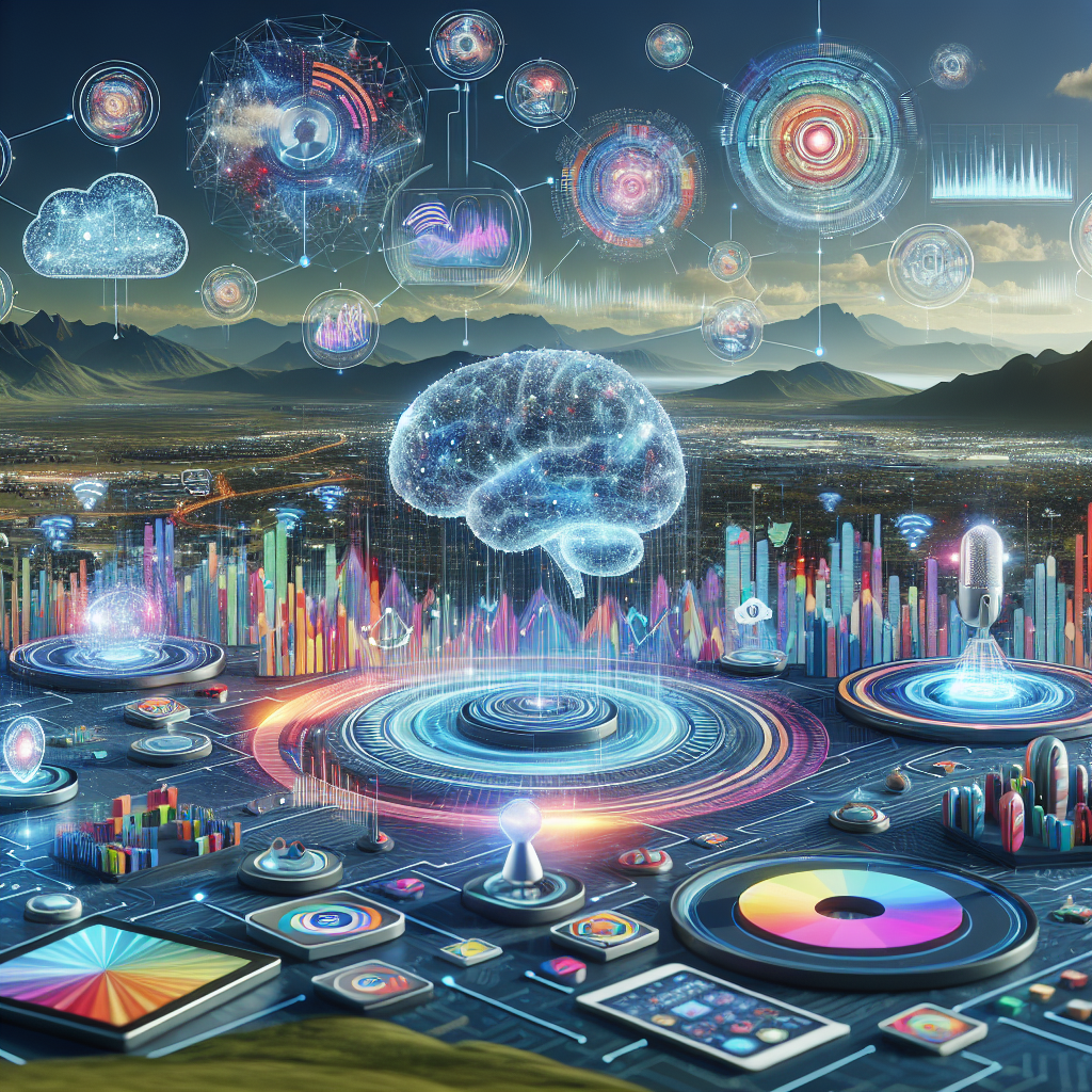 A futuristic digital marketing landscape with AI voice search devices and interactive content on screens