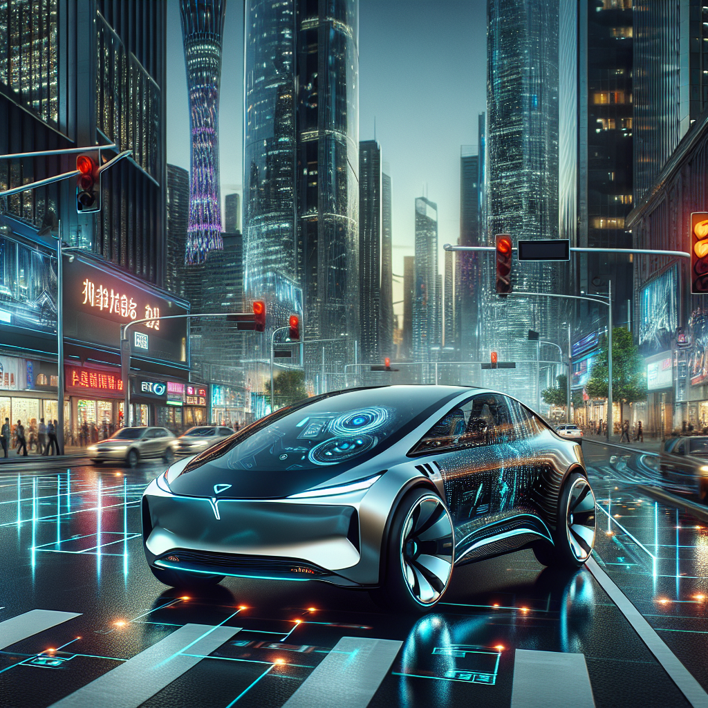A futuristic electric vehicle on a city road with autonomous driving features