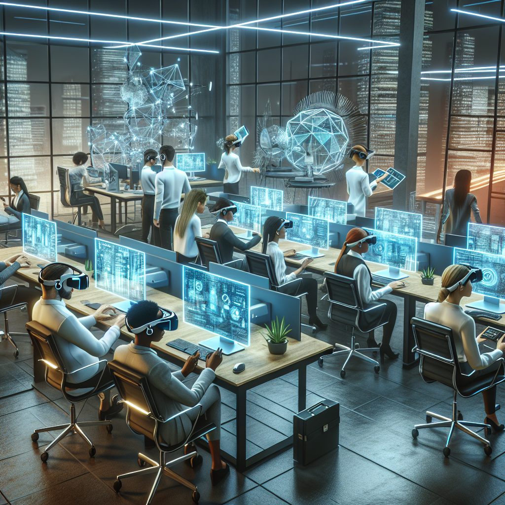 A futuristic office setup with virtual reality technology and hybrid work environment