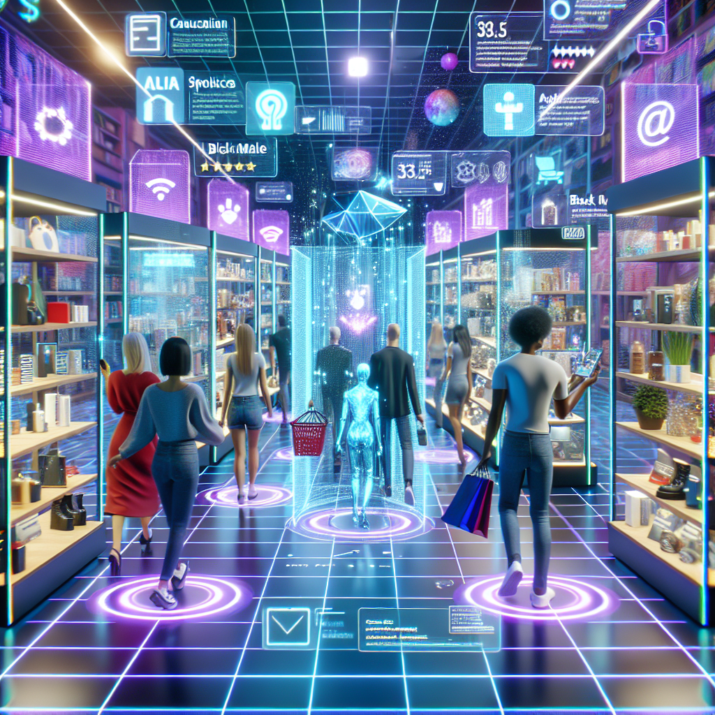 A futuristic online shopping scene with AI and AR elements