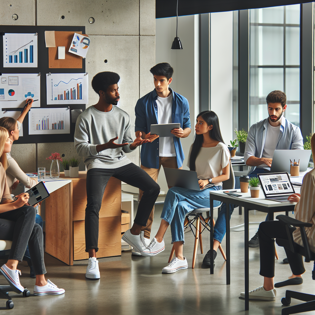 A group of diverse professionals collaborating on a content marketing strategy with laptops charts and notes in a modern office setting