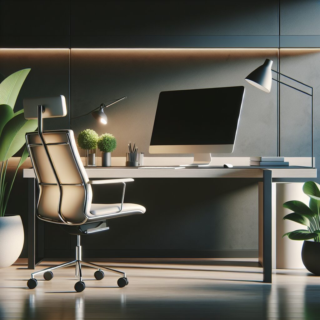 A modern home office setup with a computer ergonomic chair and indoor plants