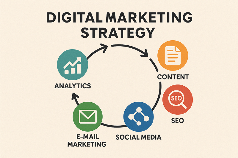 Infographic showing five key components of digital marketing strategy — Content, SEO, Social Media, Email Marketing, and Analytics — arranged in a circular flow with icons and arrows.