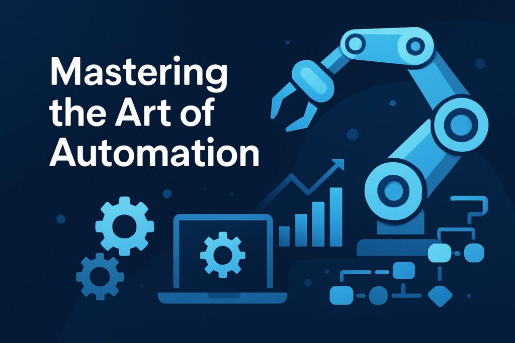 Mastering the Art of Automation graphic with robotic arm, gears, laptop, and flowchart icons representing workflow automation and business optimization