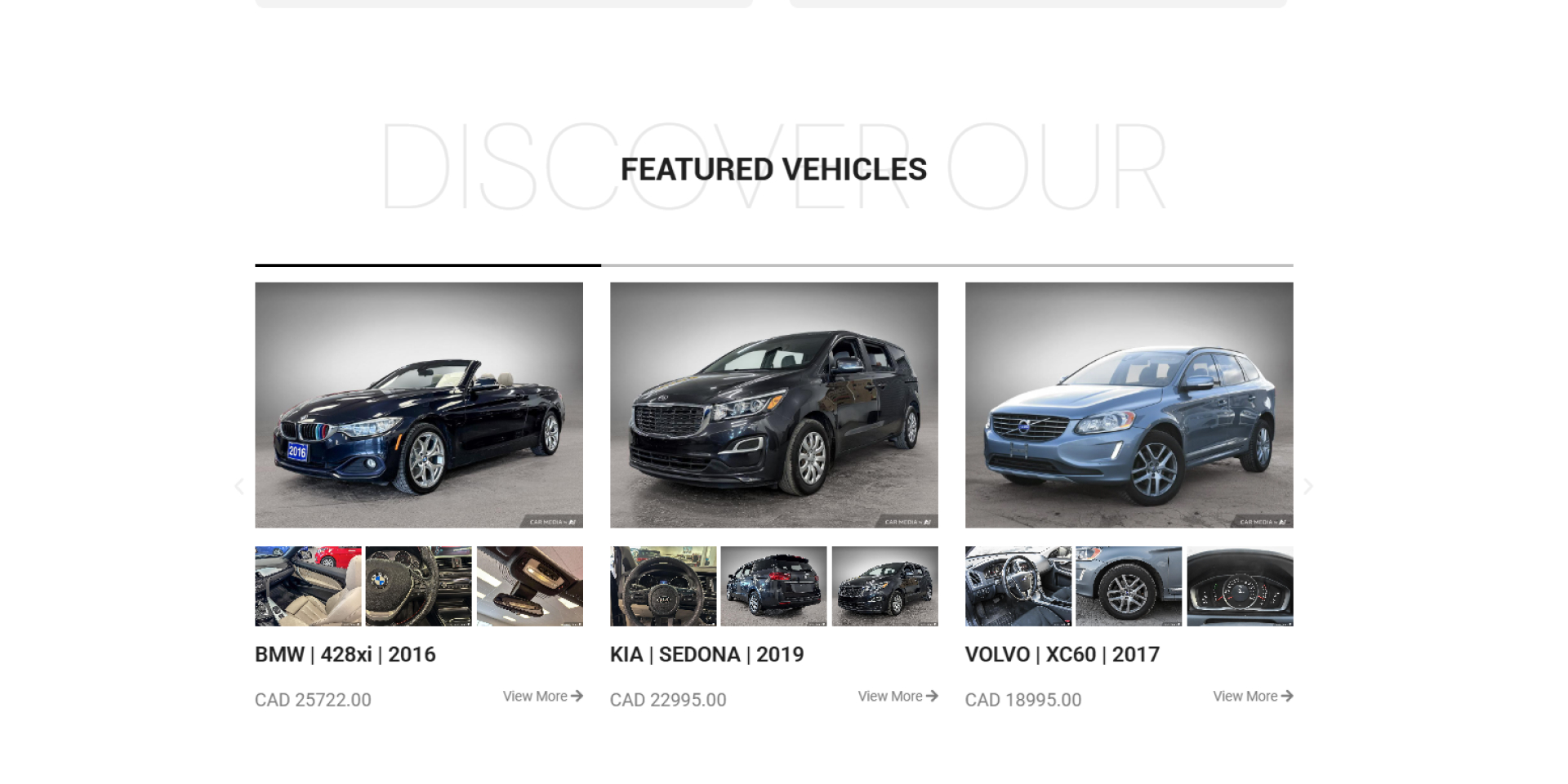 Featured vehicles section on Need A Car including a 2016 BMW 428xi, 2019 Kia Sedona, and 2017 Volvo XC60 with interior image carousel