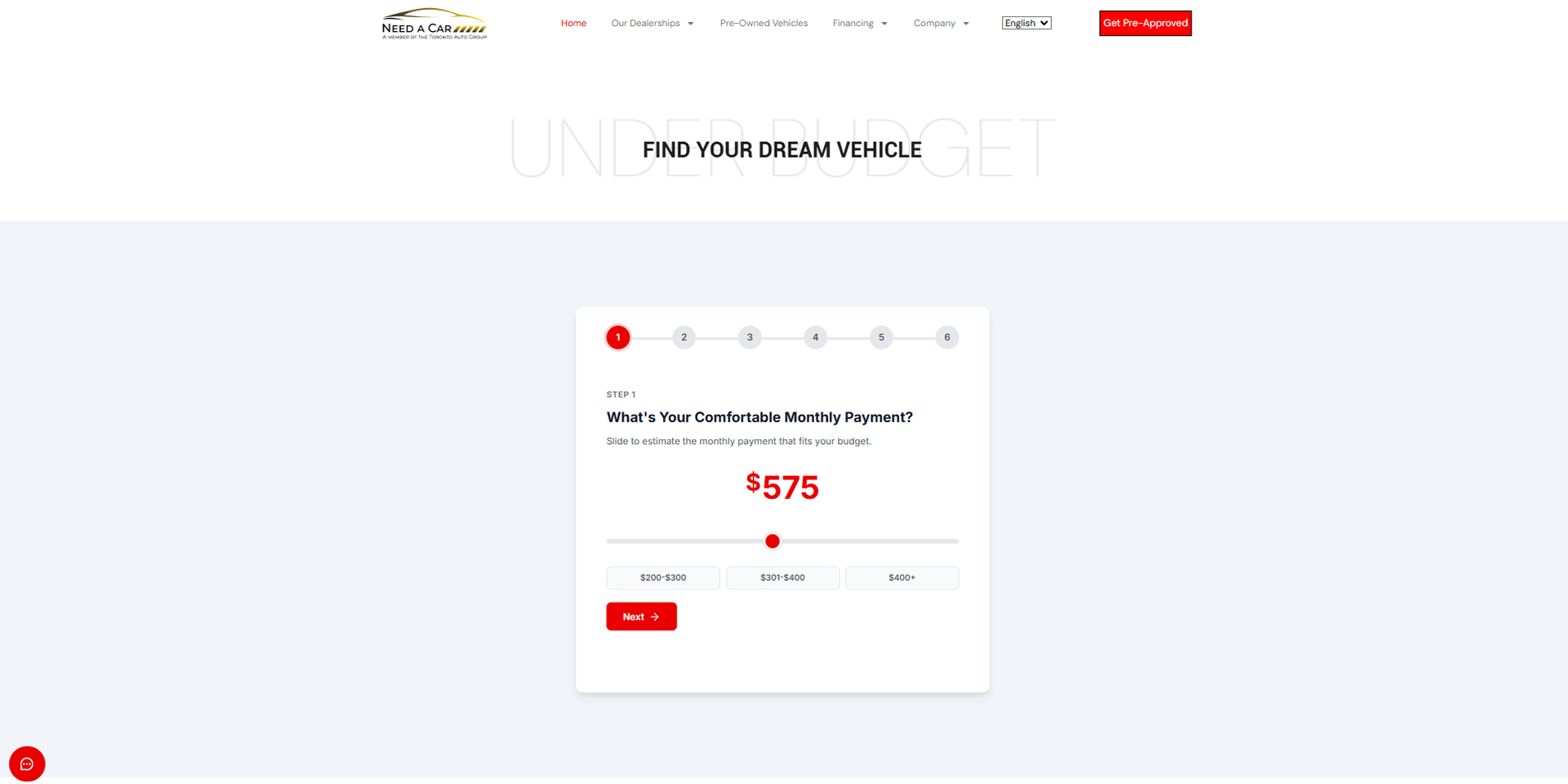 Step 1 of Need A Car’s custom lead generation widget showing a monthly payment slider with budget options