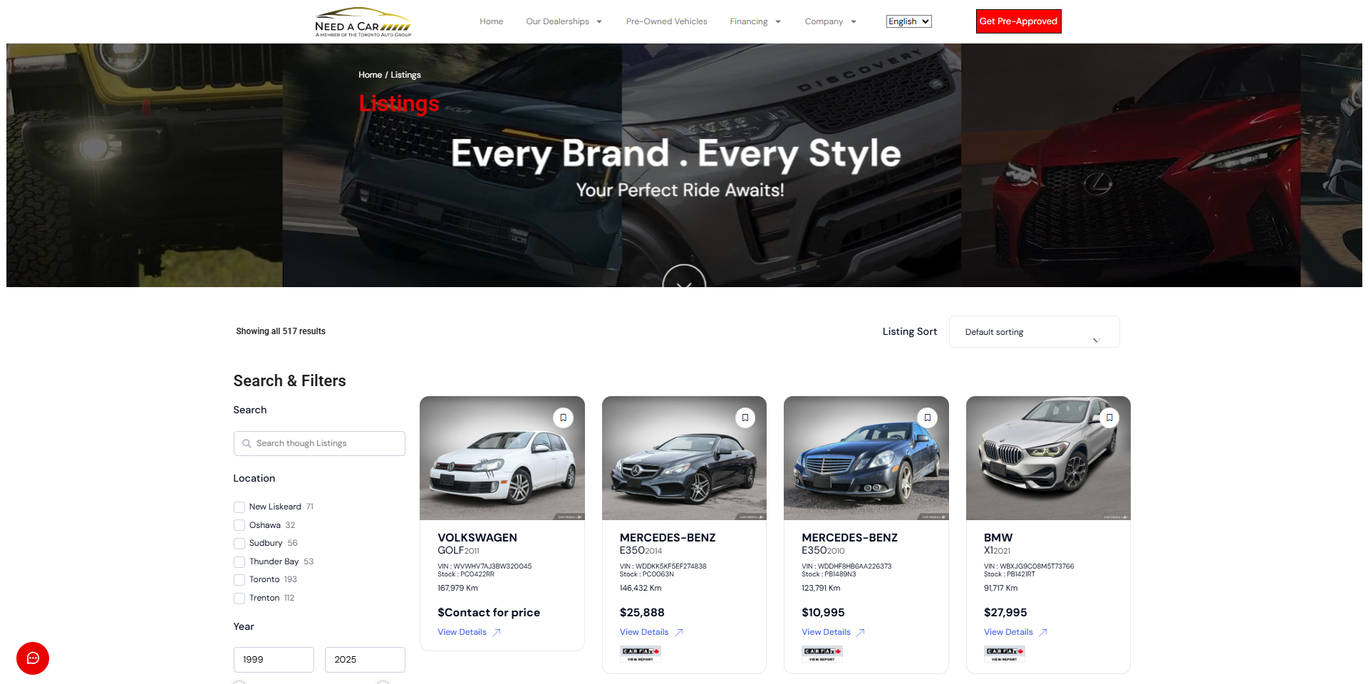 Custom-developed vehicle inventory listing page for Need A Car, built by Frayze Technologies with location filters, search tools, and real-time inventory syn