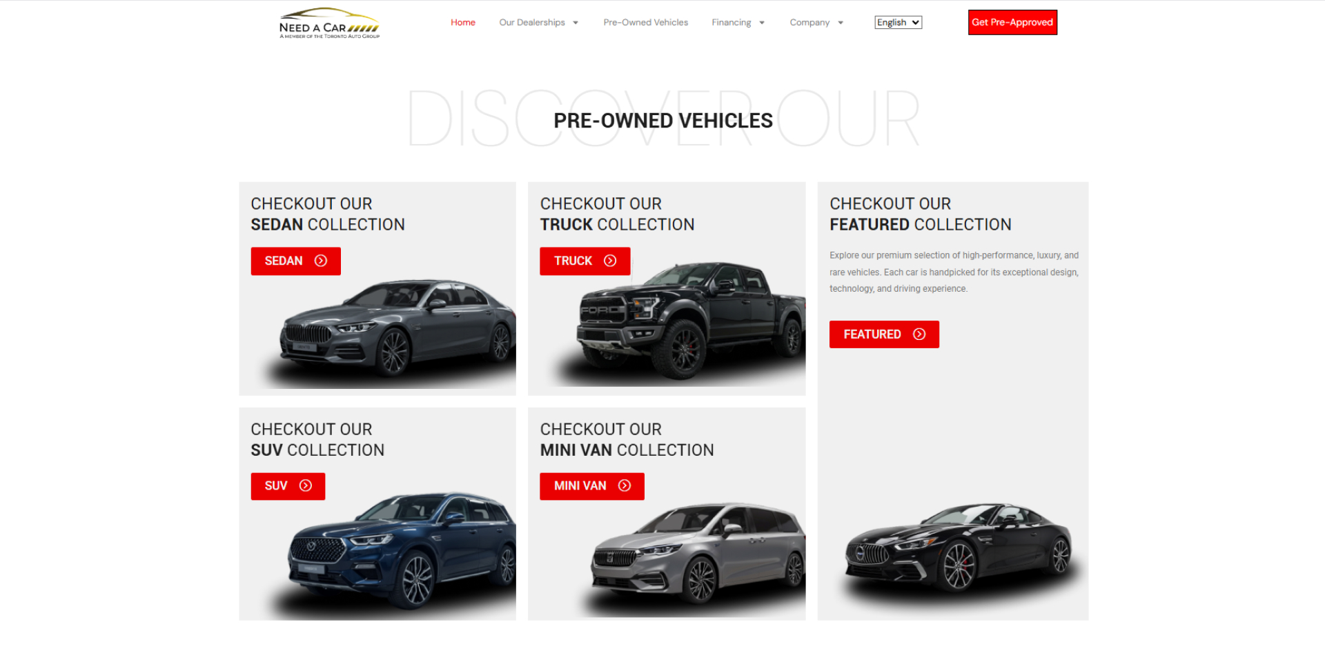 Pre-owned vehicle category grid from Need A Car including sedan, truck, SUV, mini van, and featured collections