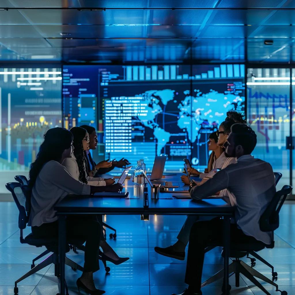 a dynamic office setting showcases a diverse team collaborating around a sleek conference table, engaged in animated discussions about business process automation, with digital charts and graphs projected on the walls, highlighting innovative strategies for success.