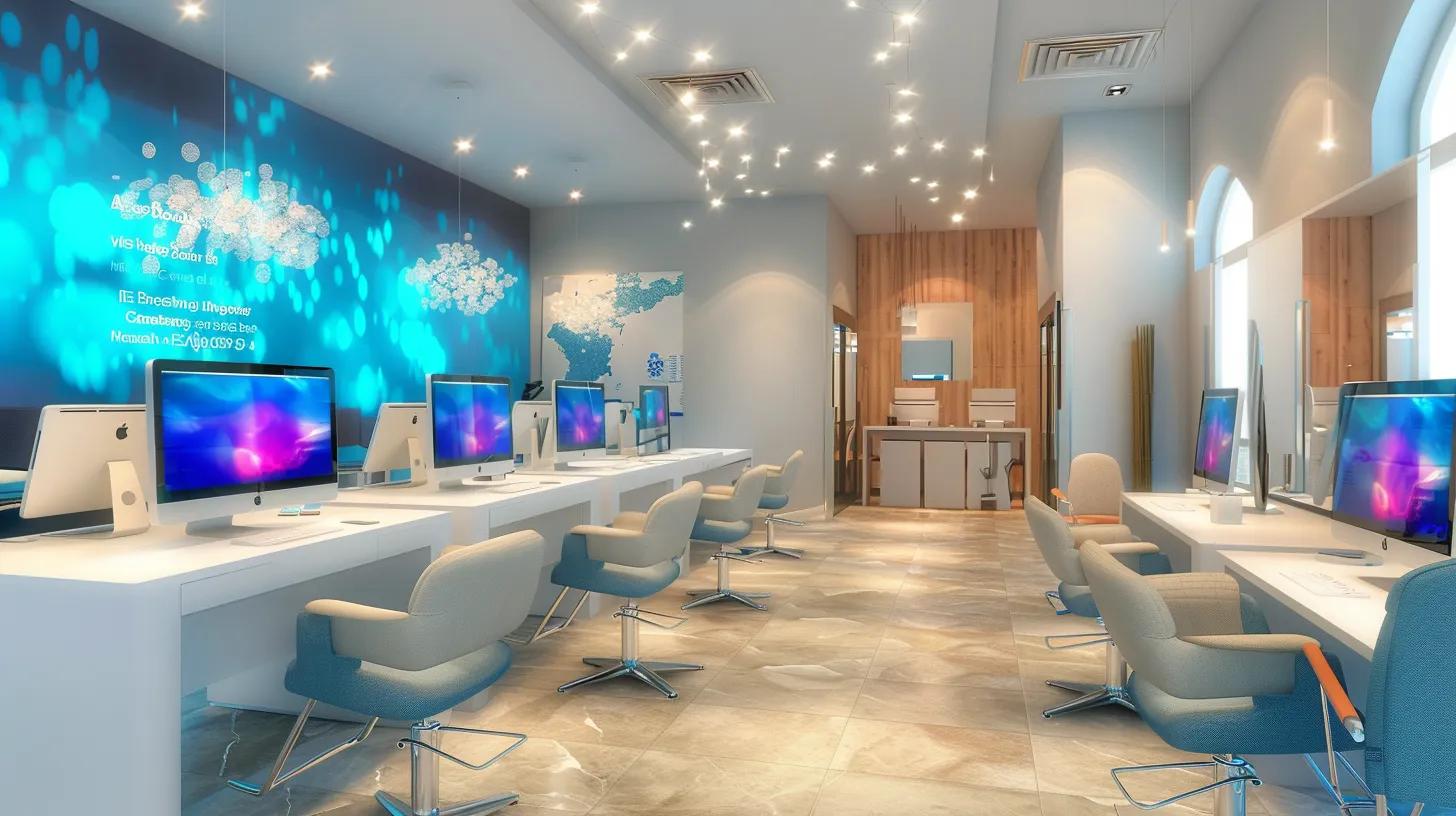 Experience Enhanced Efficiency in Your Salon With Software 8 a modern hair salon interior features sleek workstations and digital displays showcasing a user-friendly appointment software interface, emphasizing efficiency and customer engagement in a vibrant, bustling atmosphere.