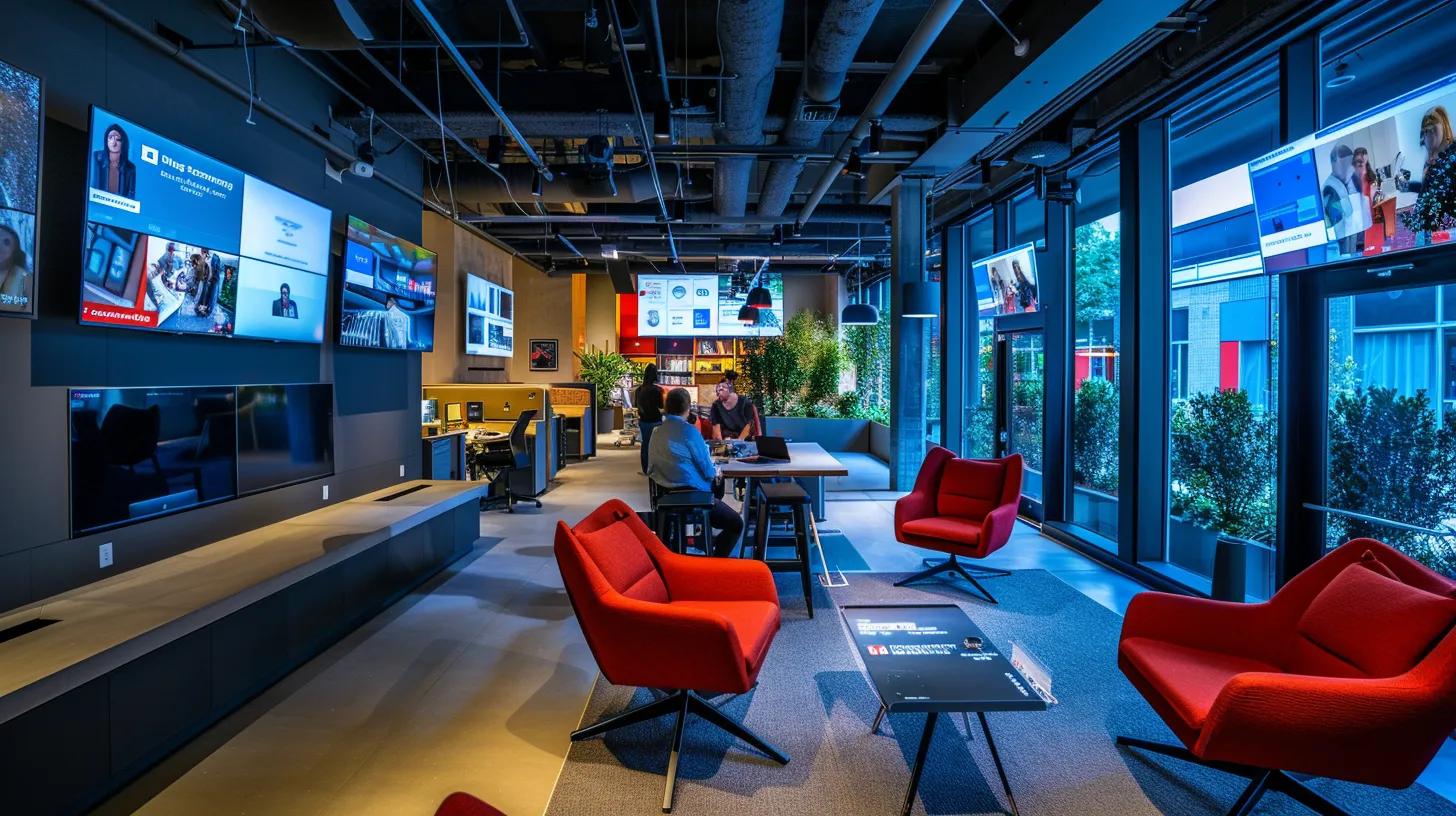 a modern office interior showcases an engaged small business owner seamlessly interacting with multiple digital screens displaying automated customer communication tools, including chatbots and sms marketing applications, amidst a sleek, tech-savvy workspace. a modern office interior showcases an engaged small business owner seamlessly interacting with multiple digital screens displaying automated customer communication tools, including chatbots and sms marketing applications, amidst a sleek, tech-savvy workspace.