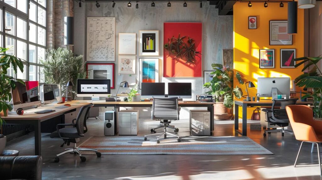 a modern office workspace showcases sleek, affordable automation tools on desks, with vibrant screens displaying intuitive interfaces, highlighting their impact on small business productivity in a bustling urban setting.