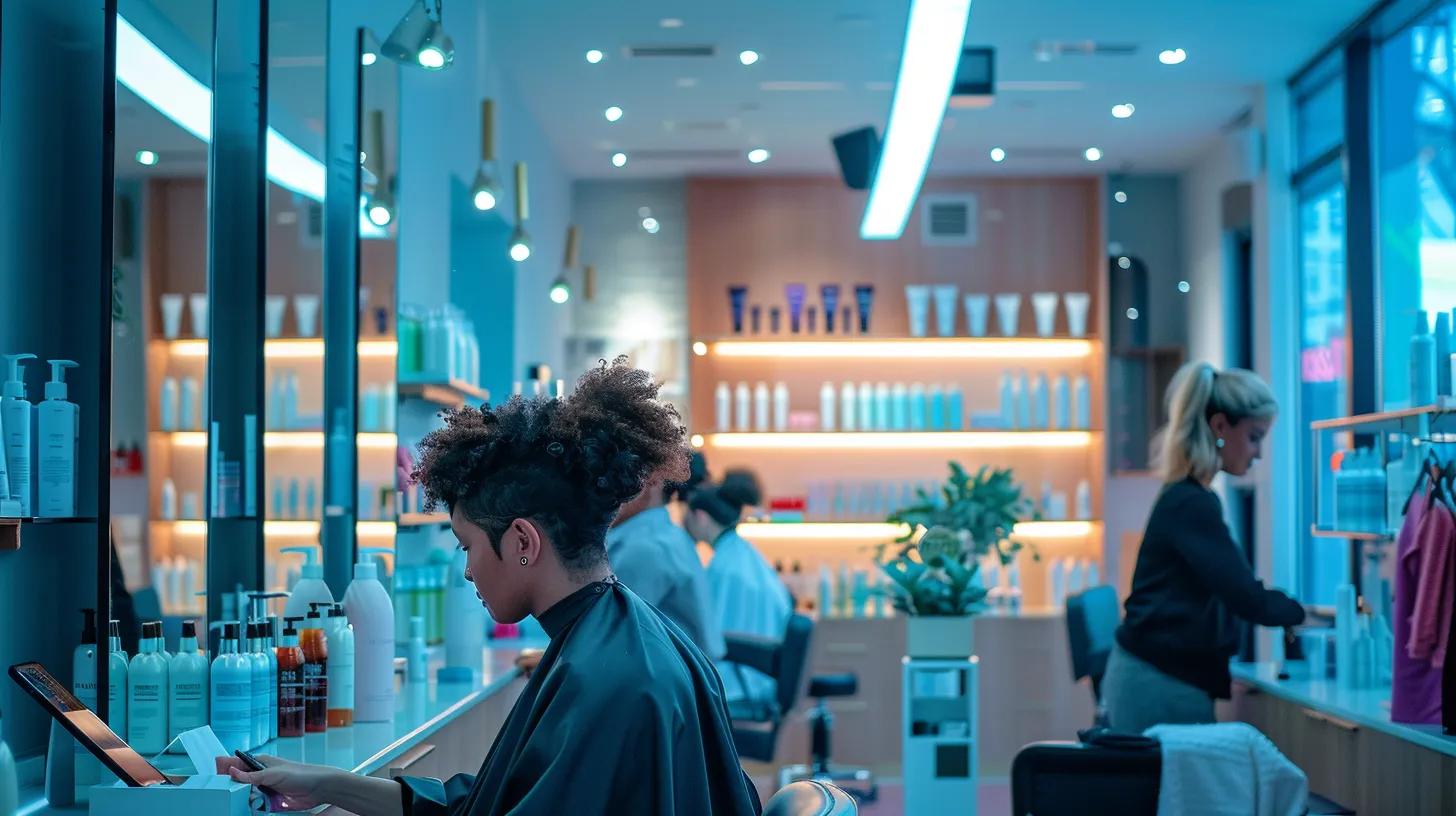 Experience Enhanced Efficiency in Your Salon With Software 9 a sleek and modern hair salon interior features a busy stylist engaging with a digital appointment system on a tablet, showcasing vibrant color displays of online scheduling and automated reminders in an atmosphere of professionalism and client focus.