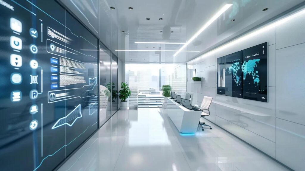 a sleek, futuristic office features a vibrant digital dashboard showcasing real-time business analytics, with ai technology seamlessly integrated into the workspace, illustrating the transformative power of automation for canadian small businesses.
