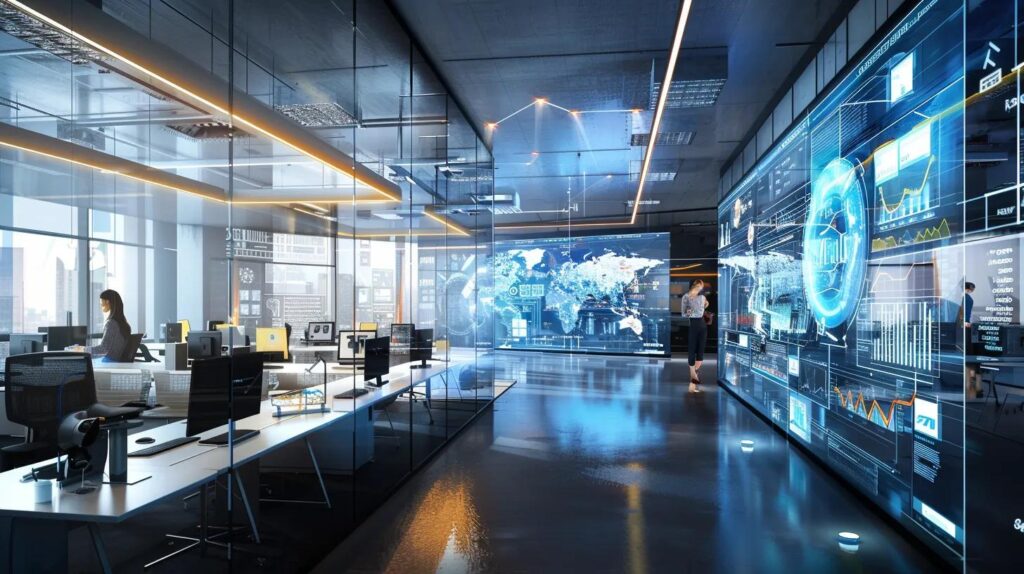 a sleek, futuristic office filled with glowing digital dashboards displays complex workflows while a diverse group of professionals analyzes automation opportunities, emphasizing the transformative impact of ai technology on cost efficiency in small businesses.