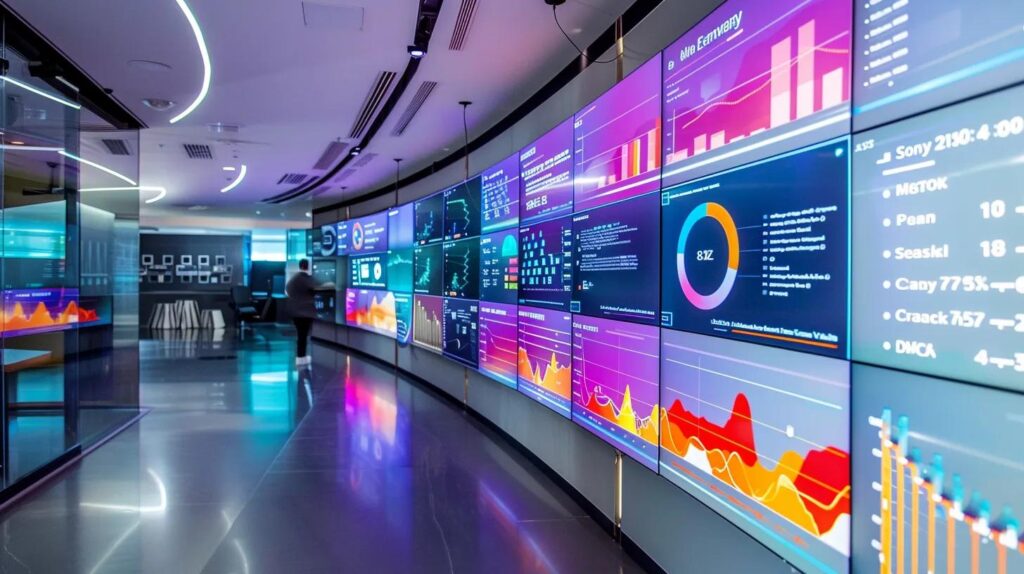 a sleek, futuristic office space showcases vibrant digital dashboards and advanced crm systems in action, highlighting the impactful cost savings of business automation as professionals engage with cutting-edge ai technology.