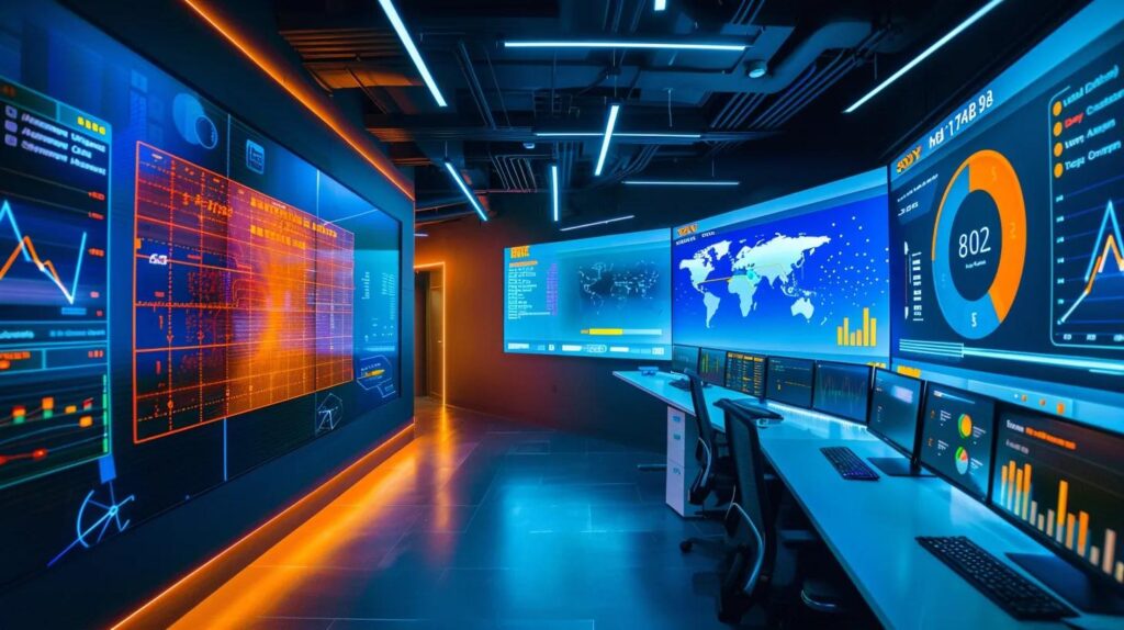 a sleek, futuristic office space bustling with ai-driven technology, featuring vibrant digital dashboards displaying real-time analytics and a diverse team engaged in strategic discussions, all highlighting the transformative power of business automation for canadian small businesses.
