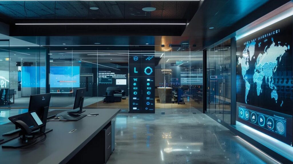 Discover Frayze: Thunder Bay's SEO Ranking Expertise 1 a sleek, futuristic office space showcases advanced ai technology with digital dashboards and crm systems prominently displayed, embodying the cutting-edge essence of frayze, thunder bay's newest seo and ai agency.