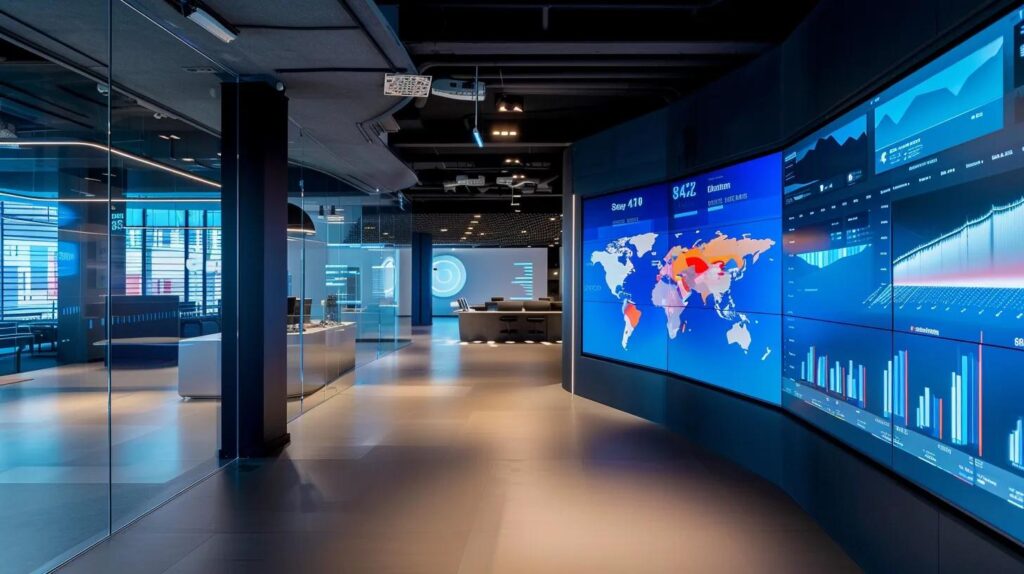 a sleek, futuristic office space featuring advanced digital dashboards and ai technology displays, highlighting the financial benefits of business automation through clear, interactive visual graphs and data projections.