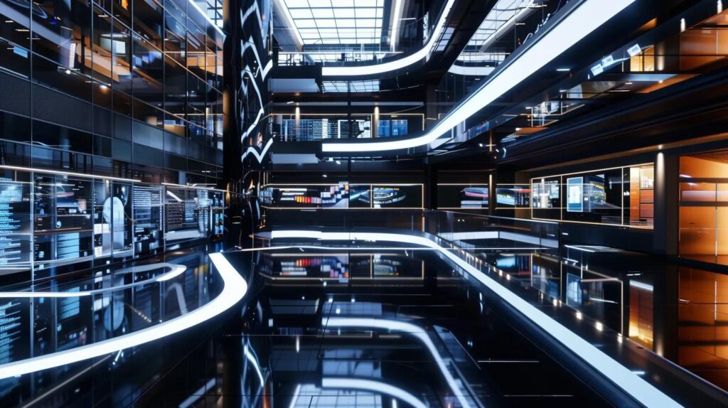 a sleek, futuristic workspace filled with advanced ai technology displays vibrant digital dashboards and crm systems, reflecting a dynamic atmosphere of efficiency and innovation for canadian small businesses optimizing profitability through automation.