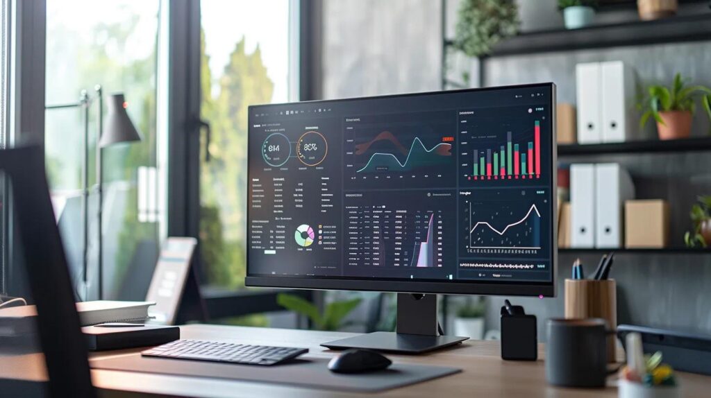 a sleek, futuristic workspace showcases a vibrant digital dashboard filled with automated analytics and ai technology, reflecting the seamless integration of business automation for canadian small businesses.