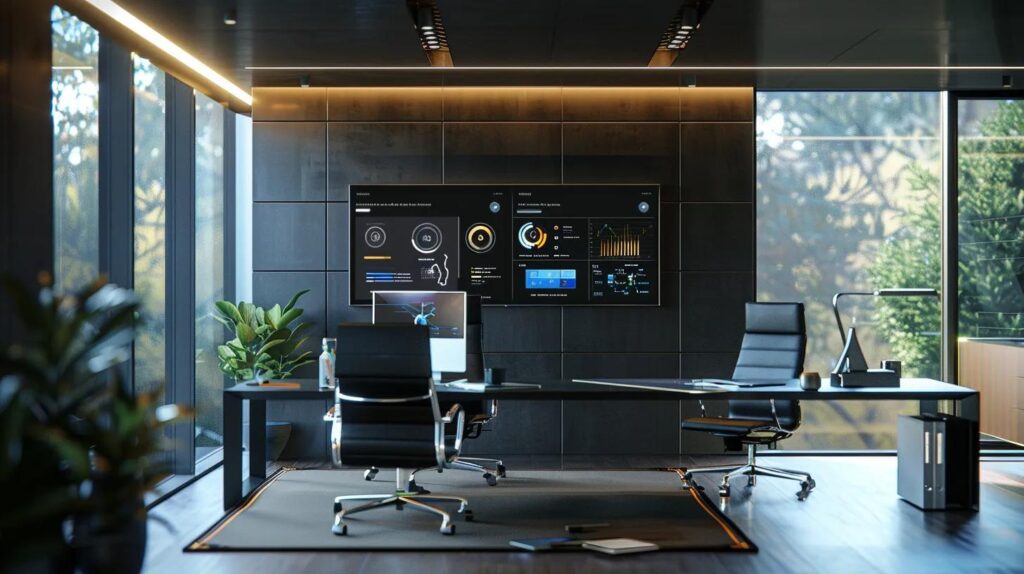 a sleek, futuristic workspace showcases advanced ai-driven automation software on digital dashboards, highlighting its seamless integration into canadian small businesses' operations within a modern office setting.