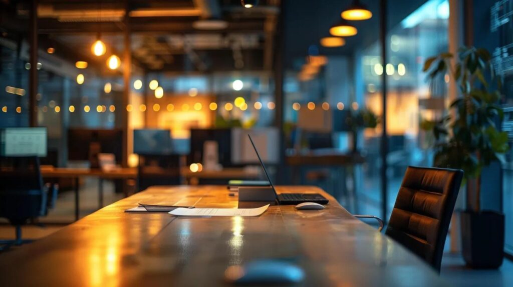 a sleek, futuristic workspace showcasing advanced ai and crm technology, featuring illuminated digital dashboards and automation systems seamlessly integrated into the environment, emphasizing strategic planning and efficiency in a bustling canadian small business context.