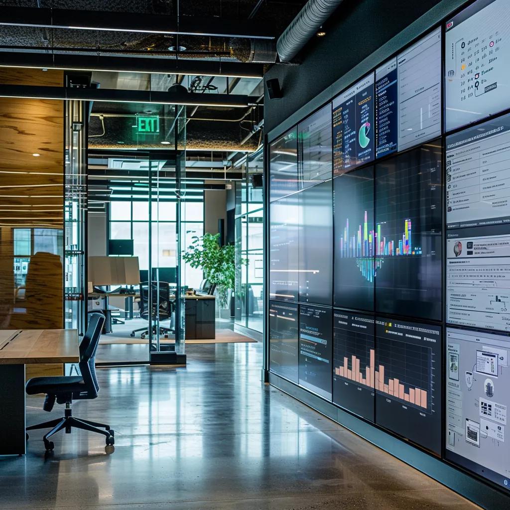 a sleek, modern office filled with vibrant digital analytics displays and futuristic ai interfaces, illustrating a dynamic digital strategy session in thunder bay.