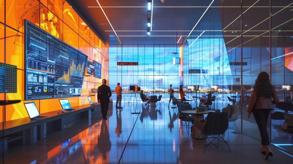 a sleek, modern office space filled with enthusiastic marketers brainstorm strategies, illuminated by vibrant digital screens showcasing lead generation analytics and futuristic marketing trends for 2024.