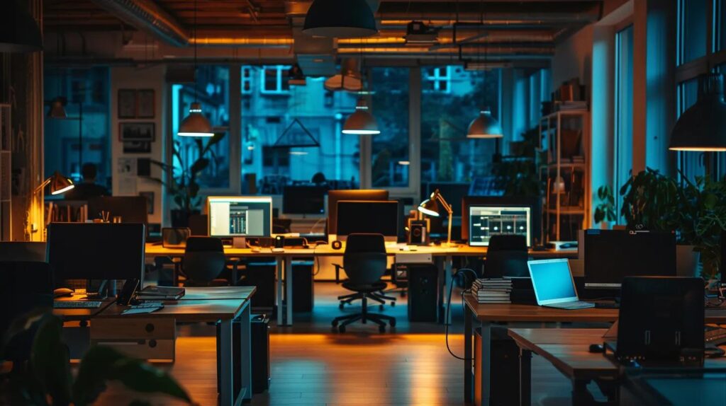 a sleek, modern office space filled with multiple computer screens displaying vibrant automation software interfaces, showcasing a collaborative atmosphere where small business professionals engage in innovative discussions around efficiency and productivity.