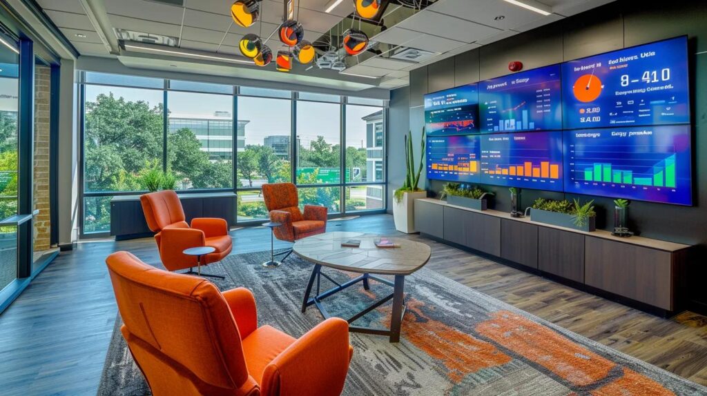 a sleek, modern office space features a vibrant digital dashboard displaying real-time software metrics, symbolizing the transformative power of automation for small businesses.