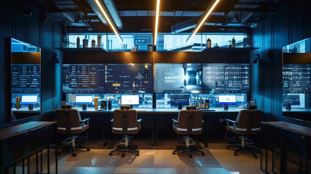 a stylish hair salon with modern workstations and sleek appointment software interfaces displayed on digital screens, illustrating an efficient and vibrant atmosphere of productivity and professionalism.