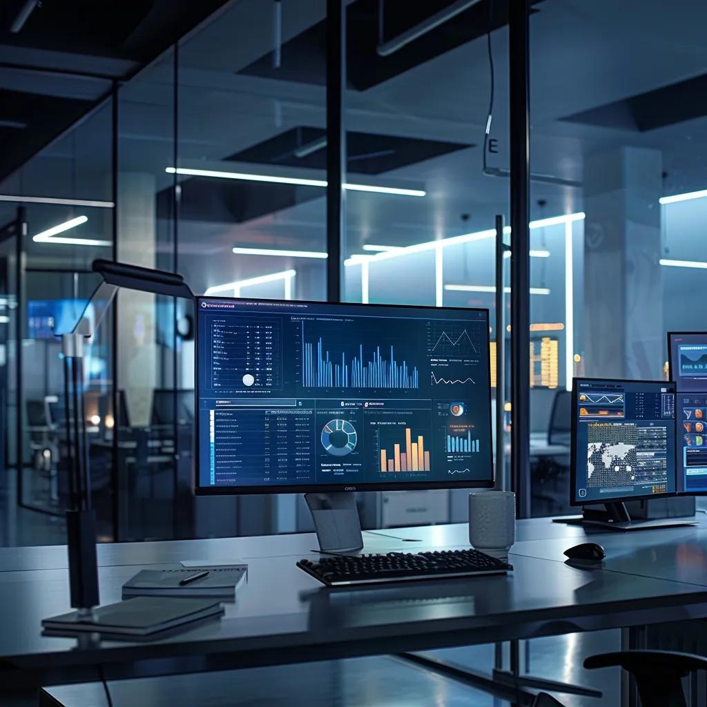 a sleek, modern office environment showcases a vibrant digital dashboard displaying automated workflow charts and analytics, emphasizing the efficiency of automation services for small businesses in 2025.