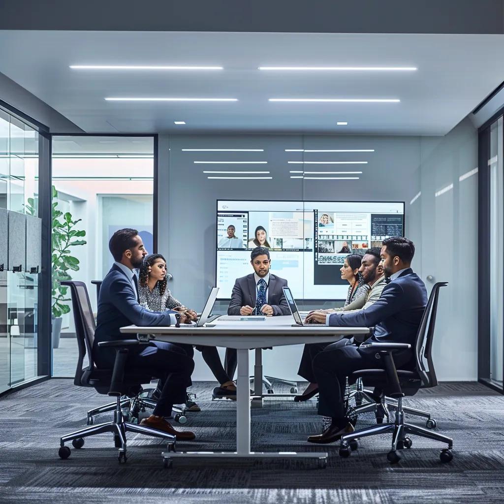 a sleek, modern office space showcasing a diverse group of professionals engaged around high-tech devices and digital displays, emphasizing the seamless integration of automation services to drive small business efficiency.