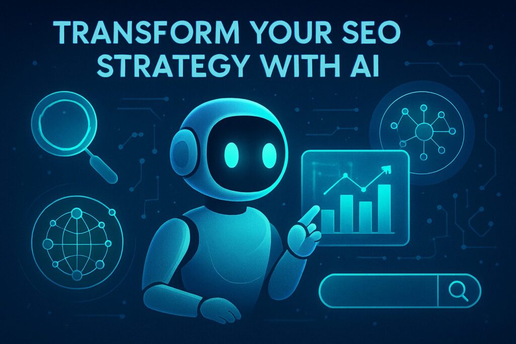 Create an image illustrating AI-powered SEO for small businesses, featuring futuristic AI graphics analyzing digital data with the text 'Transform Your SEO Strategy with AI' across the top. Include icons of magnifying glass, graphs, and digital networks.