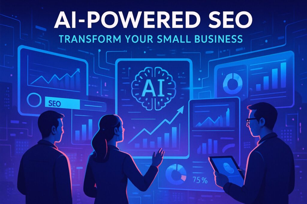 A futuristic digital landscape featuring small business owners analyzing AI-driven SEO tools on multiple screens. The text on the image reads: 'AI-Powered SEO: Transform Your Small Business.'