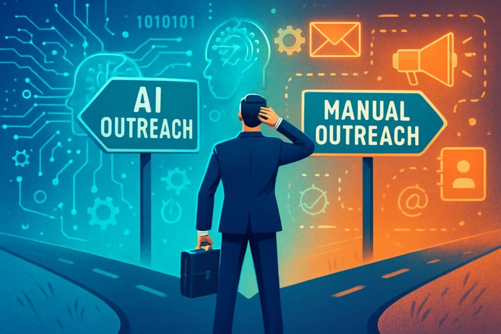 A dynamic digital illustration of a business owner pondering between two roads, one marked 'AI Outreach' and the other 'Manual Outreach', bright, tech-themed background with AI elements like algorithms and traditional outreach tools.